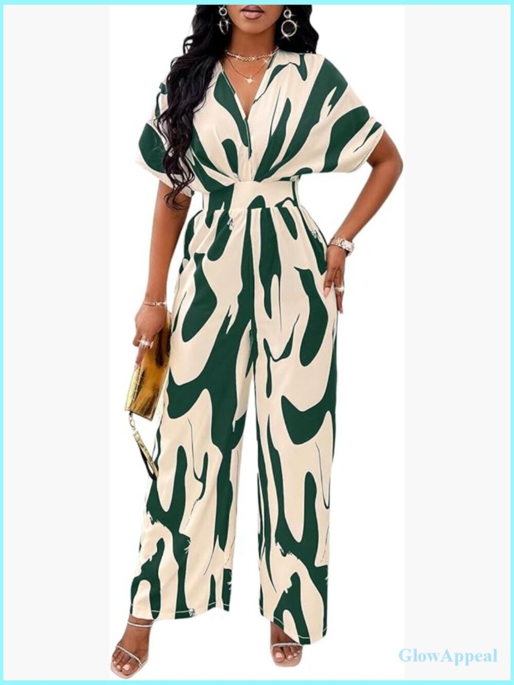 V-Neck Short Sleeve Printed Jumpsuit with Pockets - Wide Leg Romper S-XXL